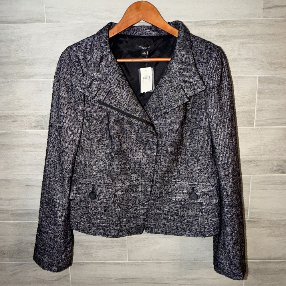 Ann Taylor Black White Wool Blend Tweed Short Blazer Women's 10 NWT MSRP $198